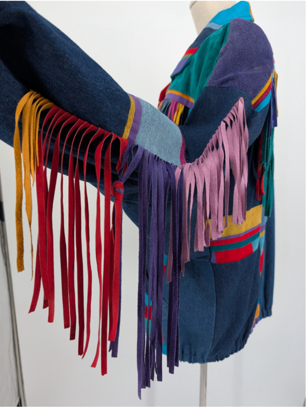 Vtg 90s Santa Fe Re-Creations L Mixed-Media Denim Suede Fringe Patchwork Jacket - Picture 3 of 16
